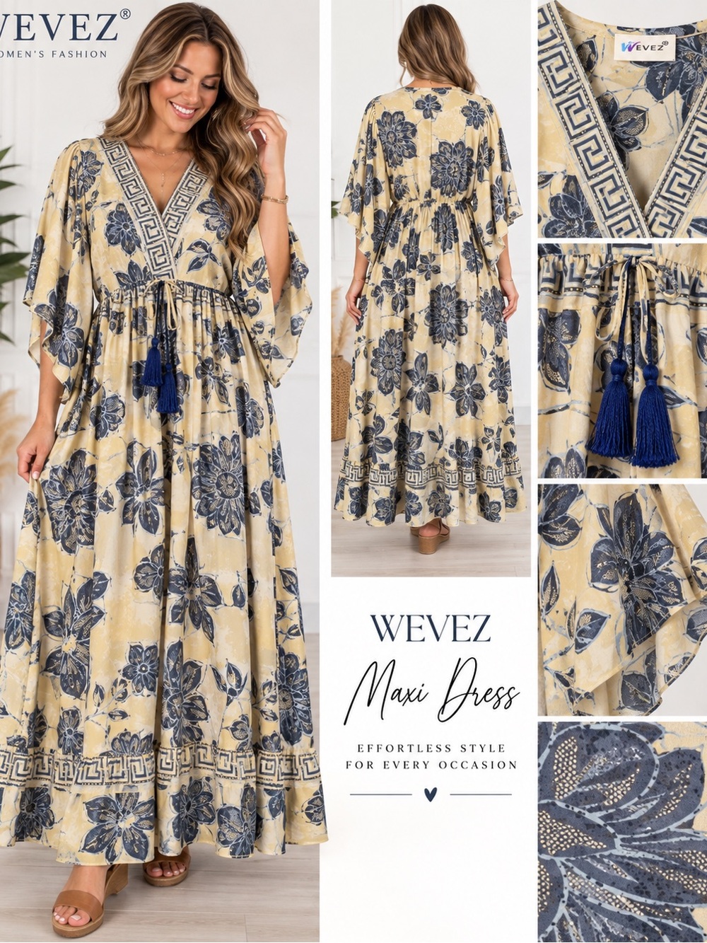 WEVEZ Cream Floral Maxi Dress with Navy Tassel Tie